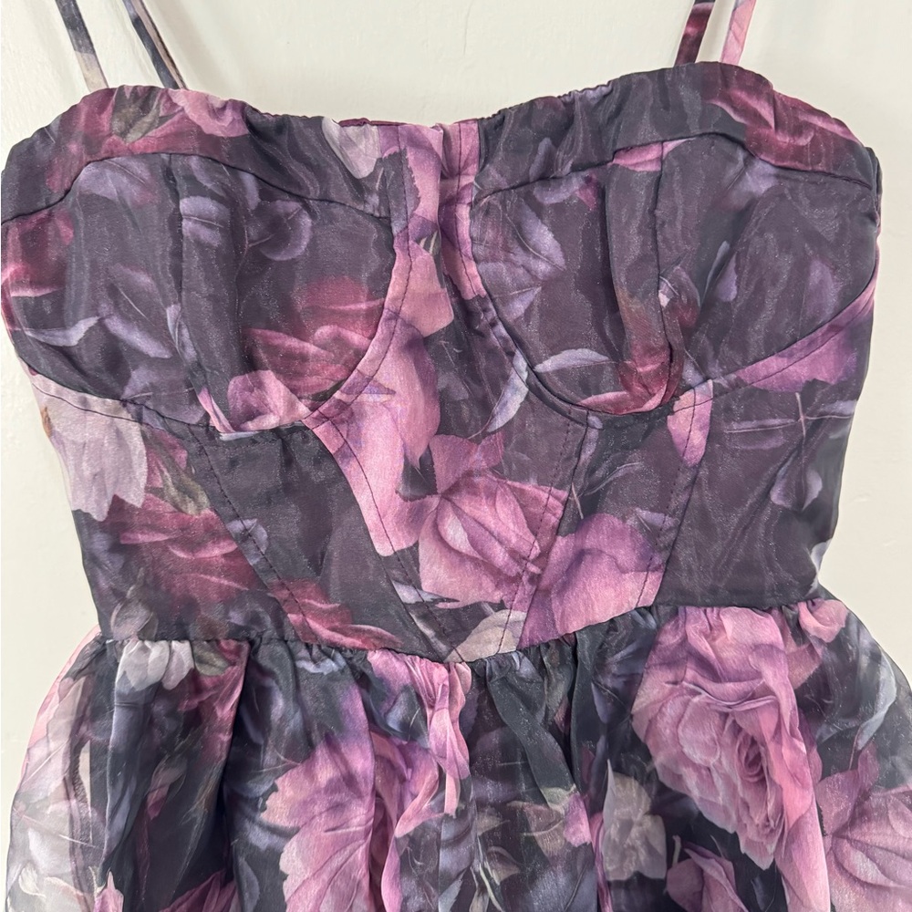Lulu’s NWT XS Midnight Beauty Black And Purple Floral Print Bustier Mini Dress - Picture 5 of 9